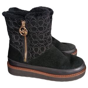 Coach Boots 7 Womens Black Signature Isa Suede Snow Flat Round Toe Low Comfort